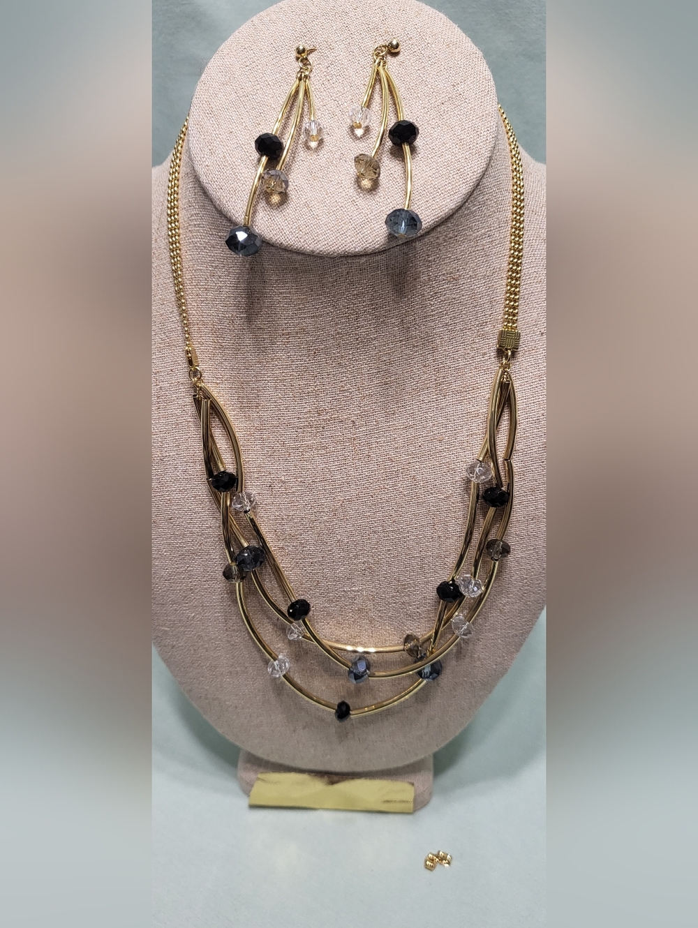 Gold-Tone Multi-Strand Set with Black, Smokey Topaz, Light Blue & Clear Beads
